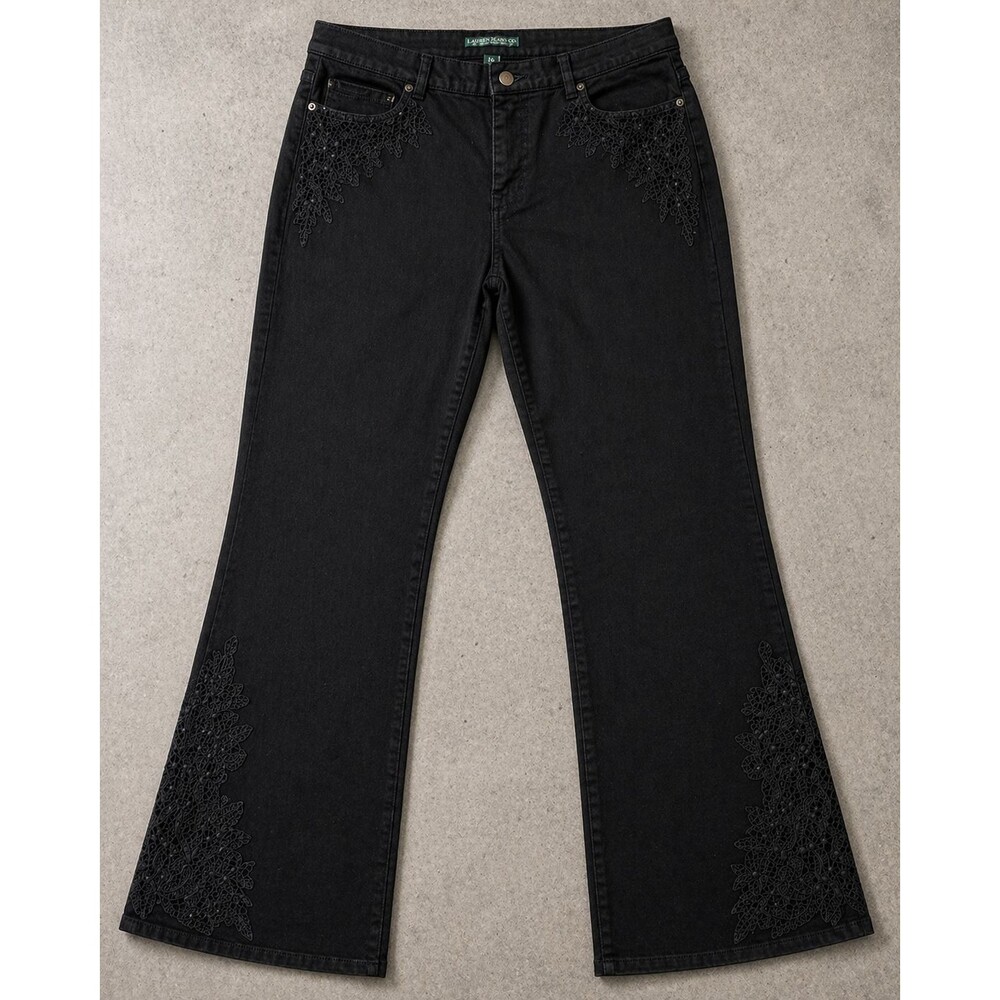 Y2K Lauren Ralph Lauren Black Lace Embroidered Bootcut Jeans Women’s 16 Boho